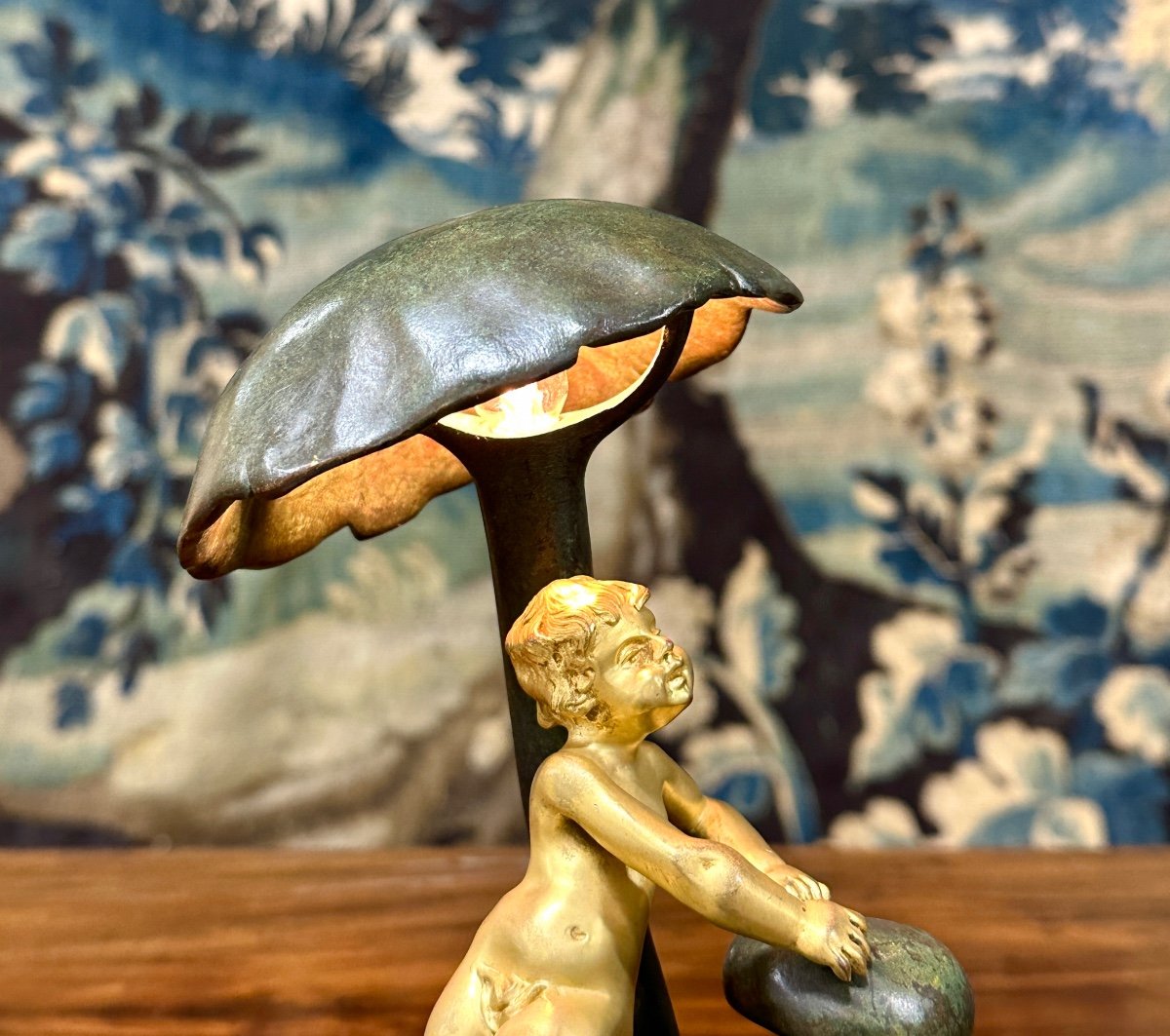 Jean Verschneider - Lampe En Bronze à Décor D’un Bébé Et De Champignons. époque Art Nouveau-photo-2