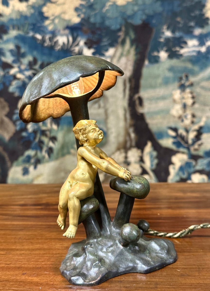 Jean Verschneider - Lampe En Bronze à Décor D’un Bébé Et De Champignons. époque Art Nouveau-photo-3