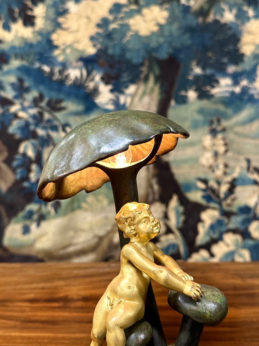 Jean Verschneider - Lampe En Bronze à Décor D’un Bébé Et De Champignons. époque Art Nouveau-photo-4