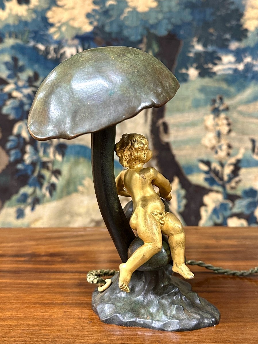 Jean Verschneider - Lampe En Bronze à Décor D’un Bébé Et De Champignons. époque Art Nouveau-photo-3