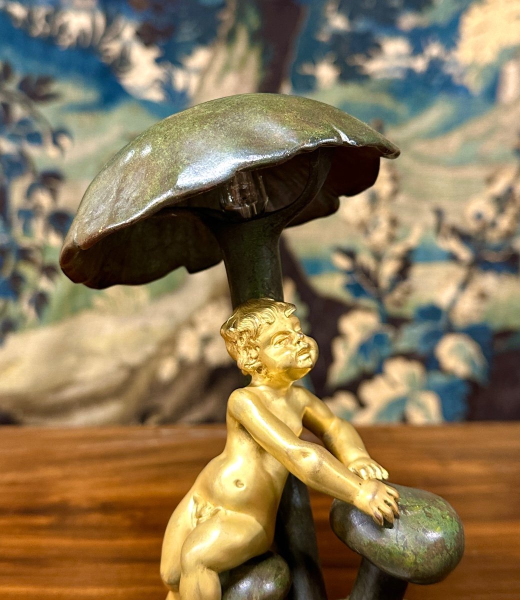 Jean Verschneider - Lampe En Bronze à Décor D’un Bébé Et De Champignons. époque Art Nouveau-photo-4