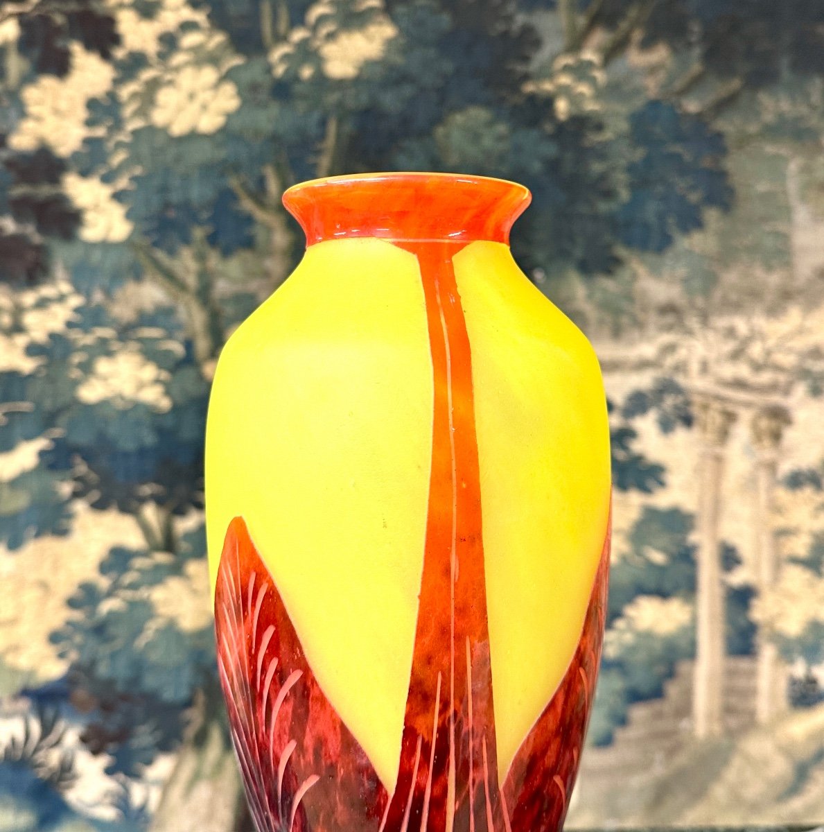 Charles Schneider Pour Le Verre Français, Vase Modele Feuilles De Tabac, Pâte De Verre Art Deco-photo-2