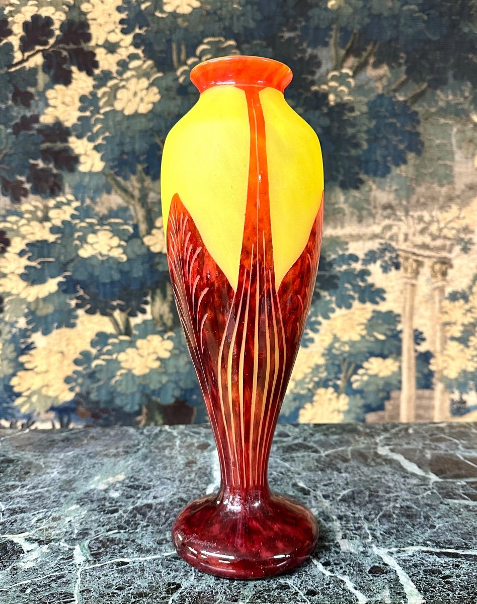 Charles Schneider Pour Le Verre Français, Vase Modele Feuilles De Tabac, Pâte De Verre Art Deco-photo-3