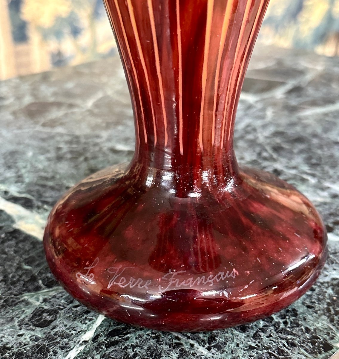 Charles Schneider Pour Le Verre Français, Vase Modele Feuilles De Tabac, Pâte De Verre Art Deco-photo-1