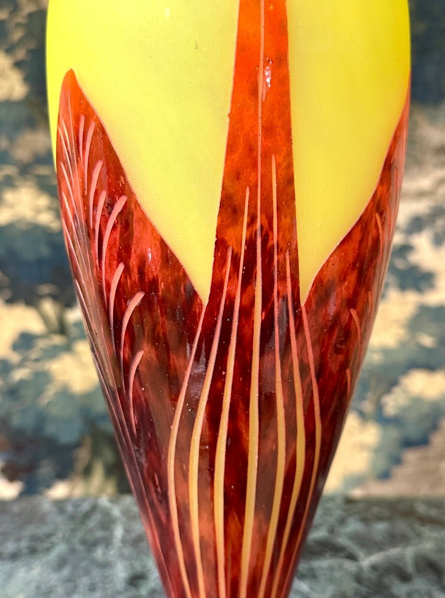 Charles Schneider Pour Le Verre Français, Vase Modele Feuilles De Tabac, Pâte De Verre Art Deco-photo-2