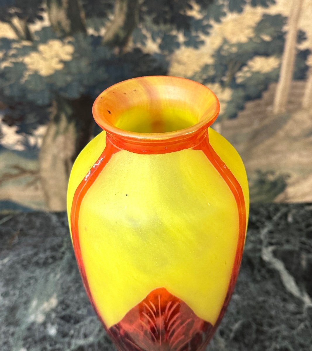 Charles Schneider Pour Le Verre Français, Vase Modele Feuilles De Tabac, Pâte De Verre Art Deco-photo-3