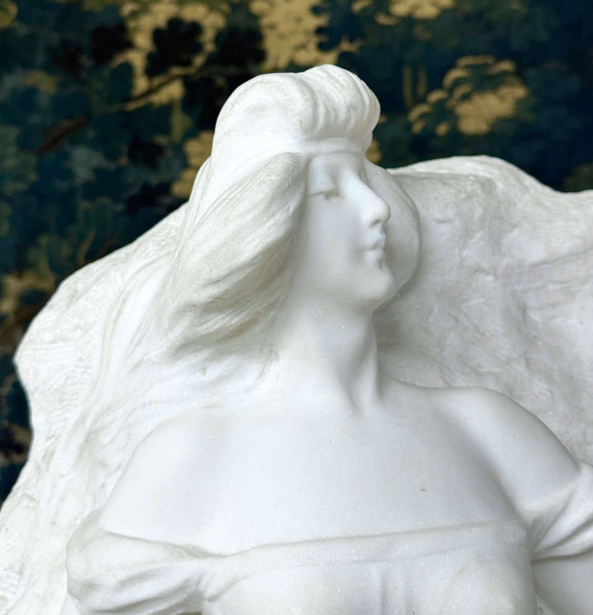 Statue En Marbre De Carrare D’une Femme élégante à La Longue Robe, Sculpture Art Nouveau-photo-3