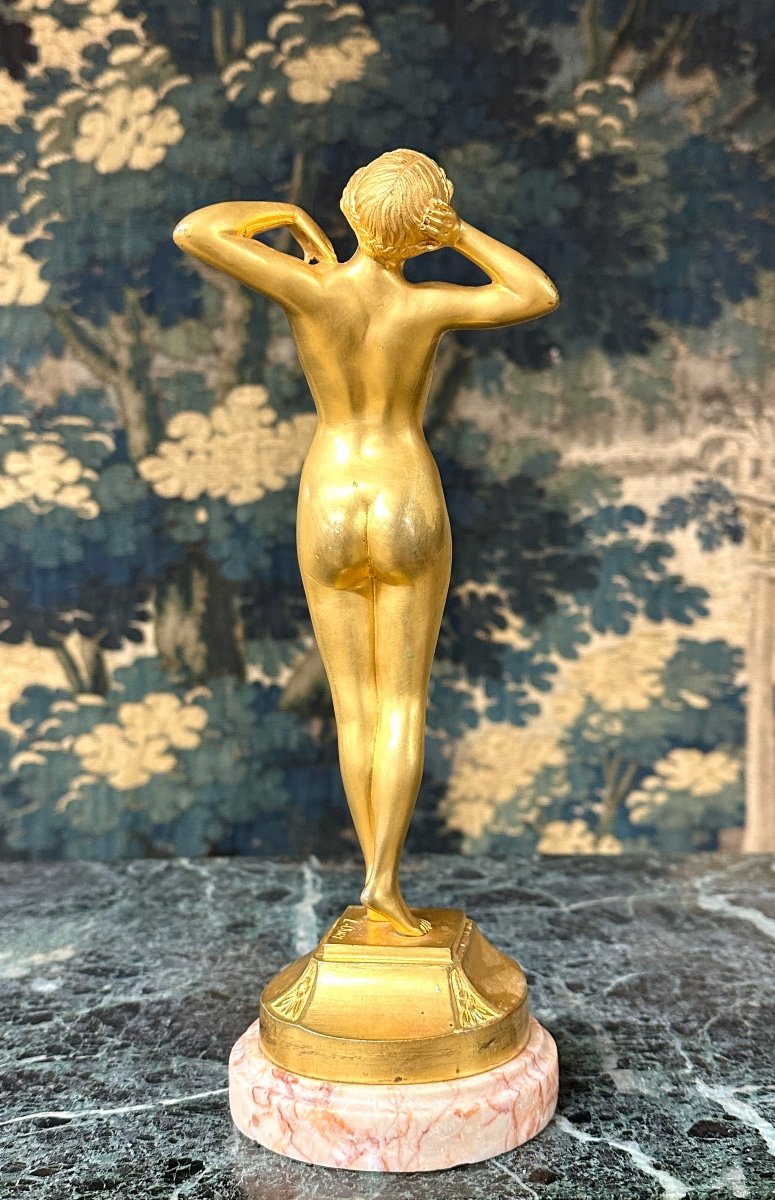 Louis Oury - Femme Au Réveil « premier Frisson », Bronze Doré D’époque Art Nouveau -photo-1