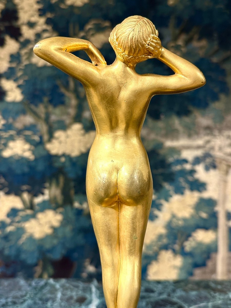 Louis Oury - Femme Au Réveil « premier Frisson », Bronze Doré D’époque Art Nouveau -photo-5