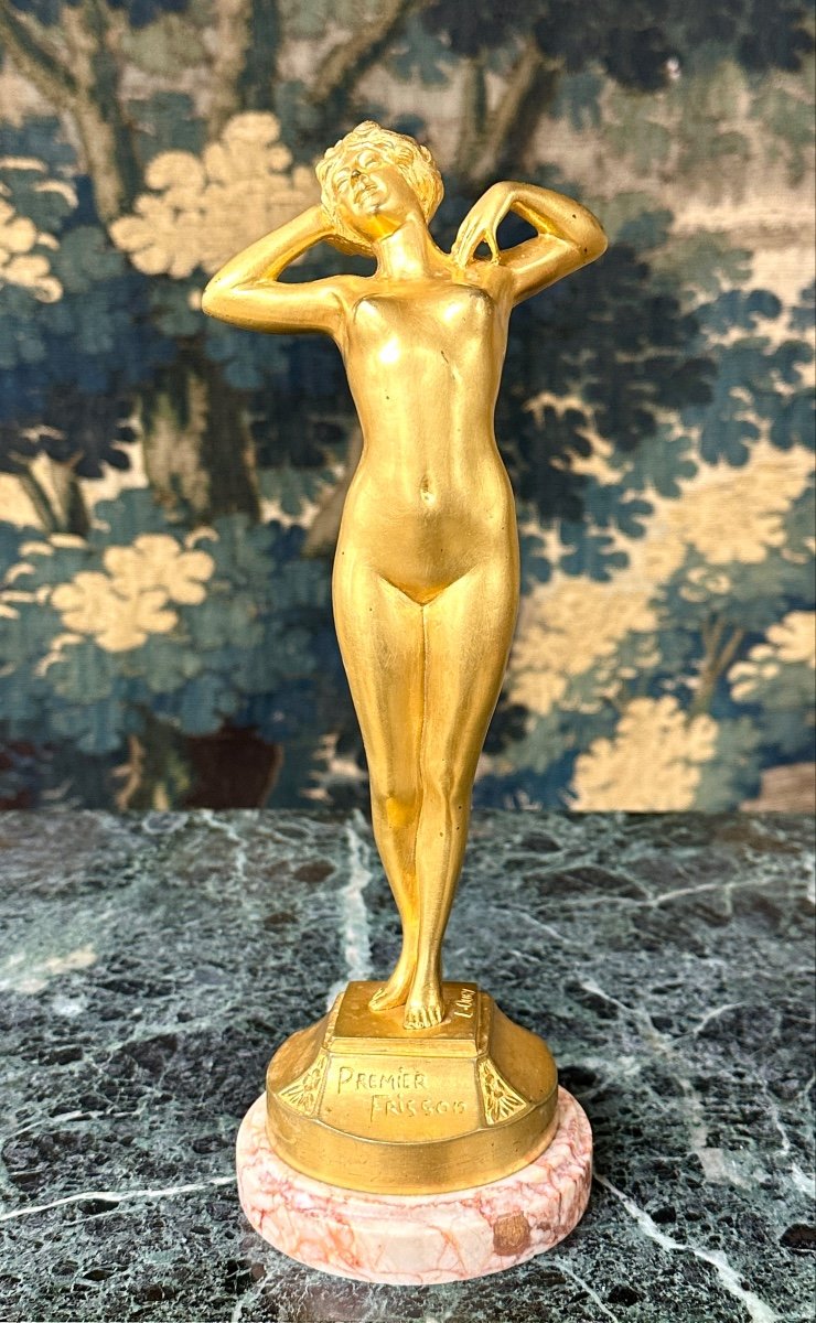 Louis Oury - Femme Au Réveil « premier Frisson », Bronze Doré D’époque Art Nouveau 