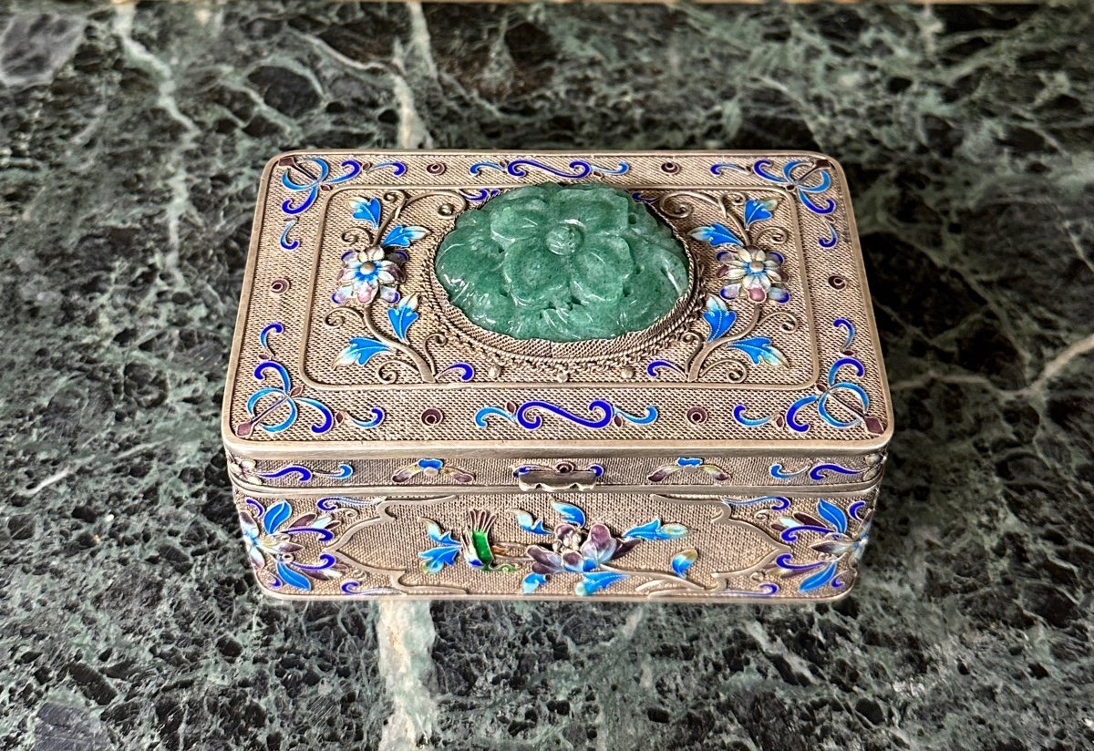 Chinese Drinking Bowl In Solid Silver, Jade And Cloisonné Enamels. China Early 20th Century-photo-3