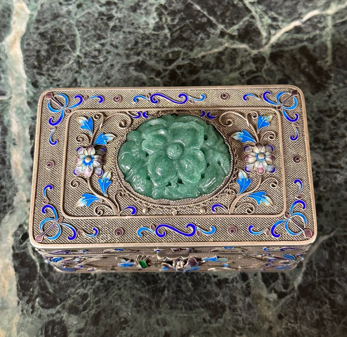 Boire Chinoise En Argent Massif, jade Et émaux Cloisonnés. Chine Début XXème-photo-4