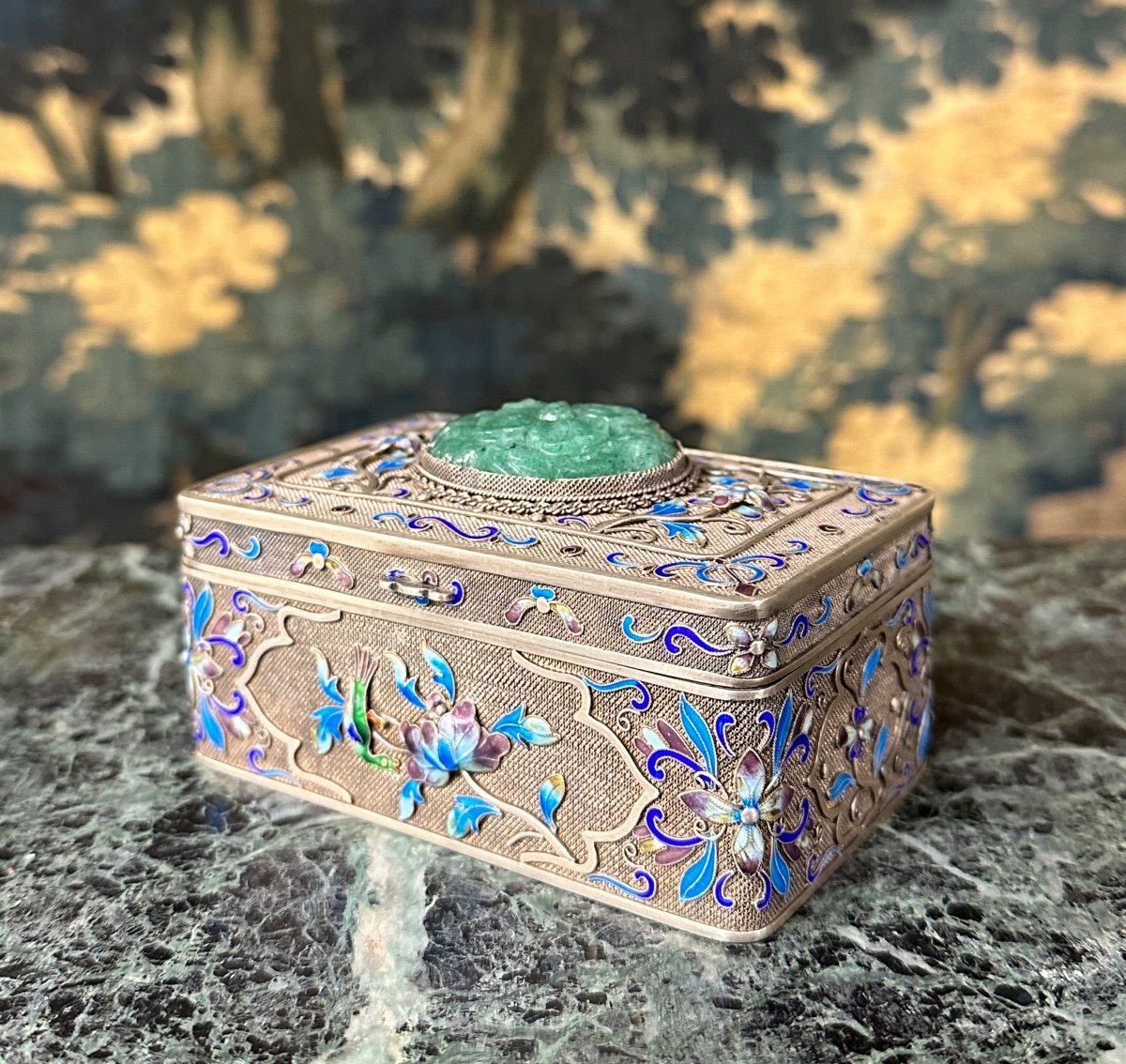 Chinese Drinking Bowl In Solid Silver, Jade And Cloisonné Enamels. China Early 20th Century-photo-1