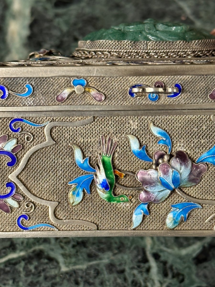 Chinese Drinking Bowl In Solid Silver, Jade And Cloisonné Enamels. China Early 20th Century-photo-3