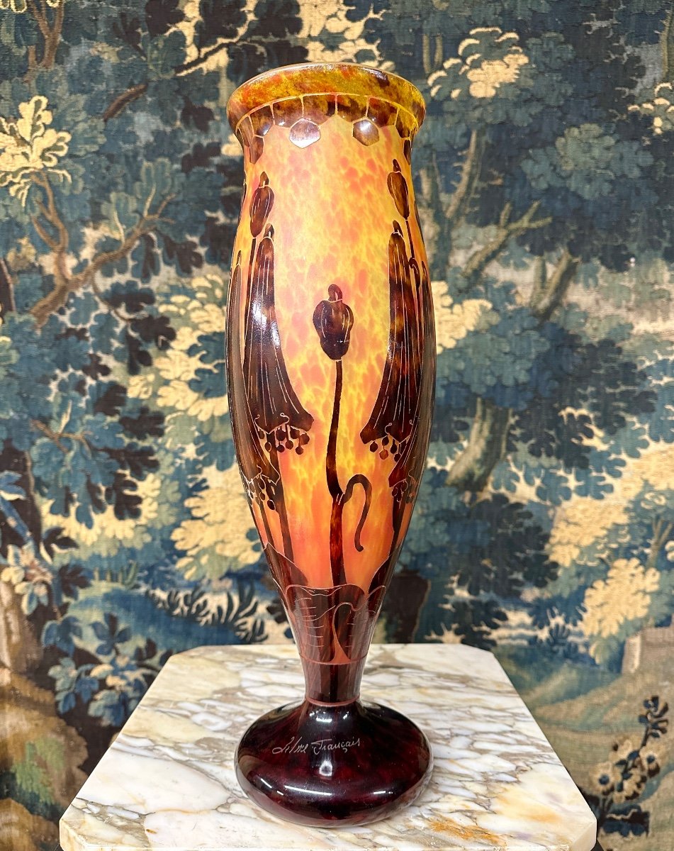 Charles Schneider For French Glass, Campanules Model Vase, Art Deco Glass Paste-photo-4