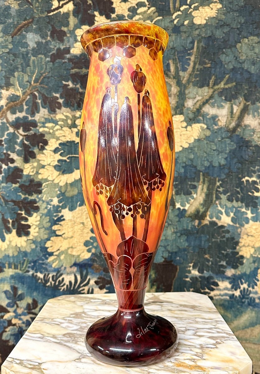 Charles Schneider For French Glass, Campanules Model Vase, Art Deco Glass Paste