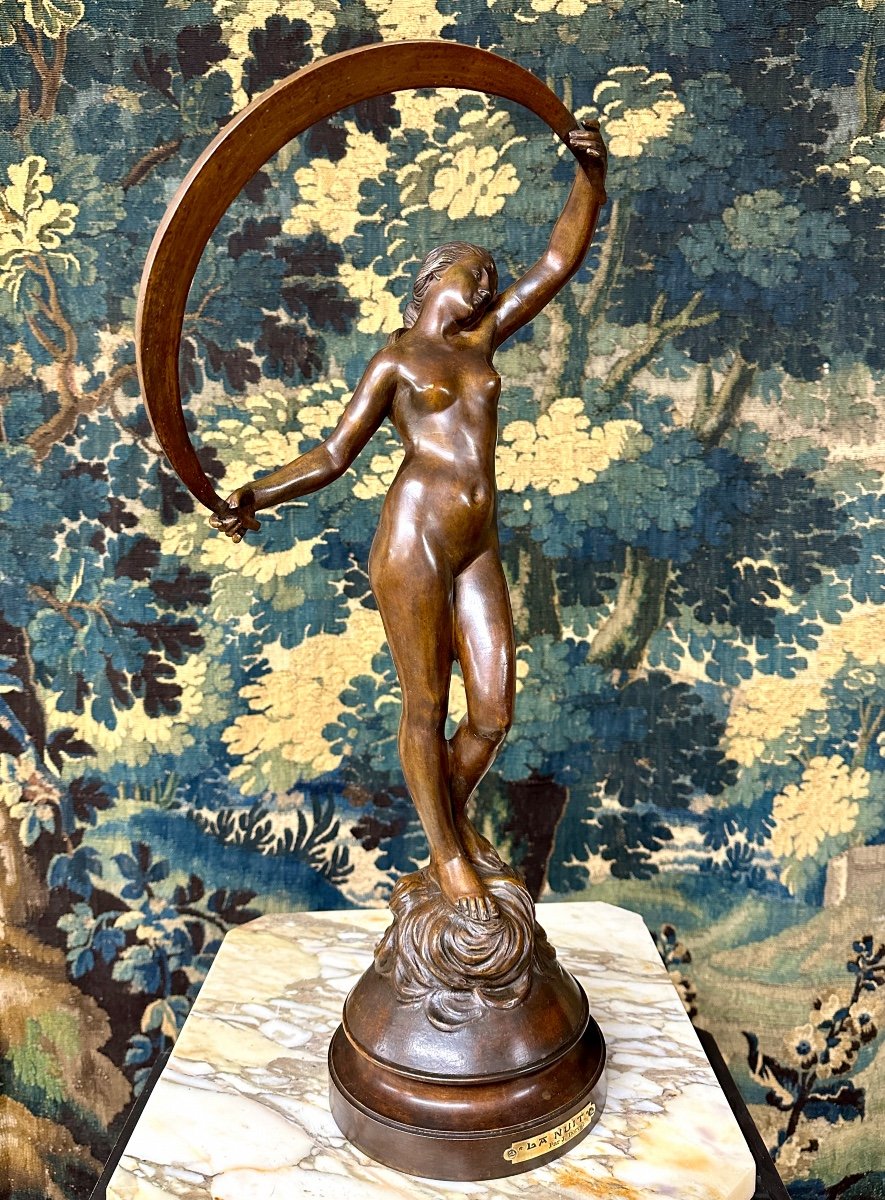 Jacques Dorval - "la Nuit", Elegant Bronze Of A Woman With Brown Patina. Art Nouveau Period-photo-3