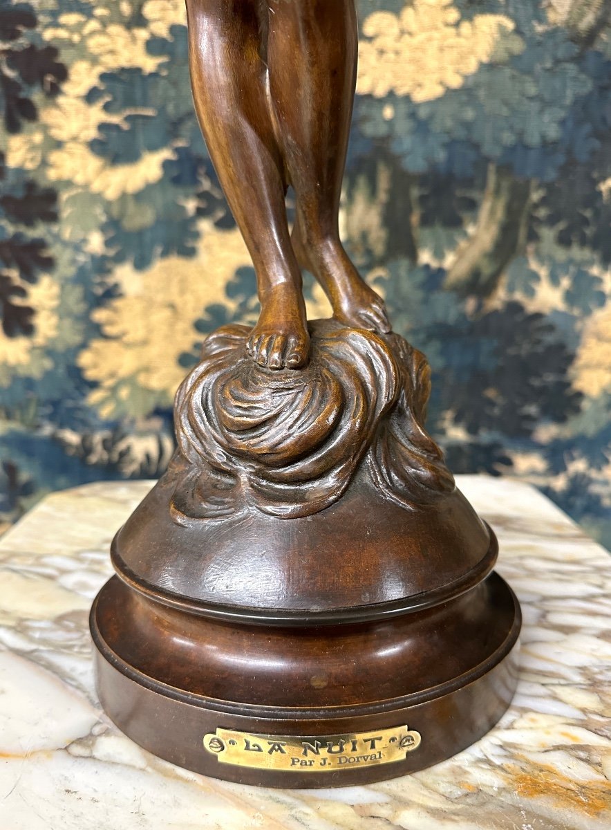 Jacques Dorval - "la Nuit", Elegant Bronze Of A Woman With Brown Patina. Art Nouveau Period-photo-1