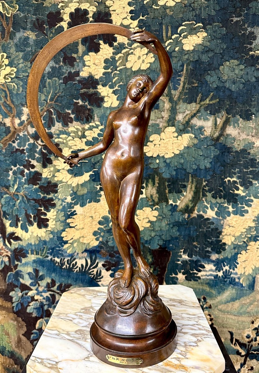 Jacques Dorval - « la Nuit », élégant Bronze De Femme à Patine Brune. époque Art Nouveau