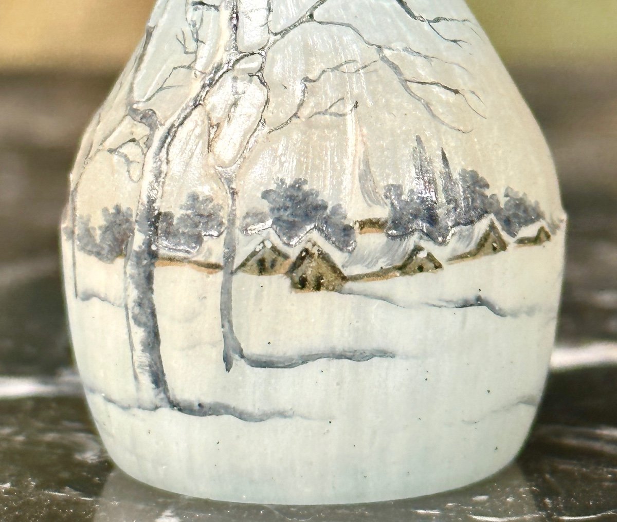 Daum Nancy - Miniature Vase With Landscape Decor, Village Under The Snow Art Nouveau Glass Paste-photo-1