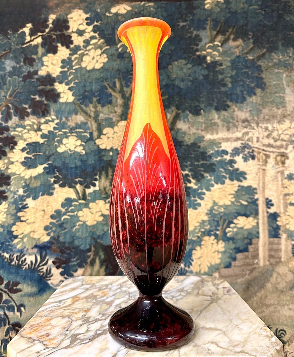 Charles Schneider Pour Le Verre Français, Vase Modele feuilles de tabac, Pâte De Verre Art Deco-photo-2