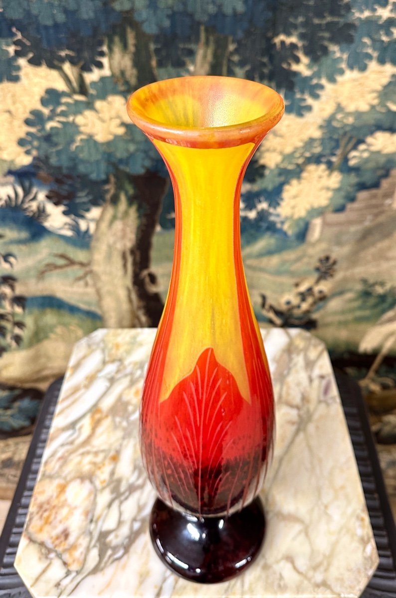 Charles Schneider Pour Le Verre Français, Vase Modele feuilles de tabac, Pâte De Verre Art Deco-photo-4