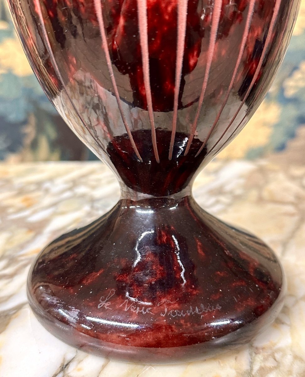 Charles Schneider Pour Le Verre Français, Vase Modele feuilles de tabac, Pâte De Verre Art Deco-photo-2