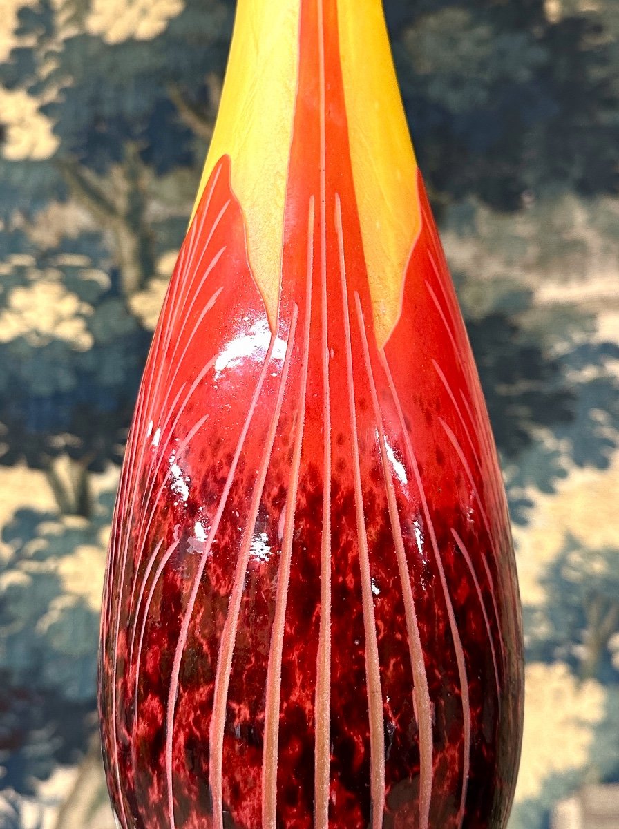 Charles Schneider Pour Le Verre Français, Vase Modele feuilles de tabac, Pâte De Verre Art Deco-photo-3