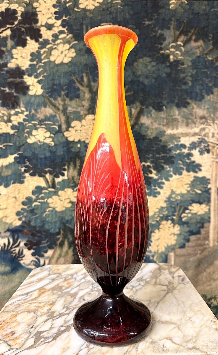 Charles Schneider Pour Le Verre Français, Vase Modele feuilles de tabac, Pâte De Verre Art Deco