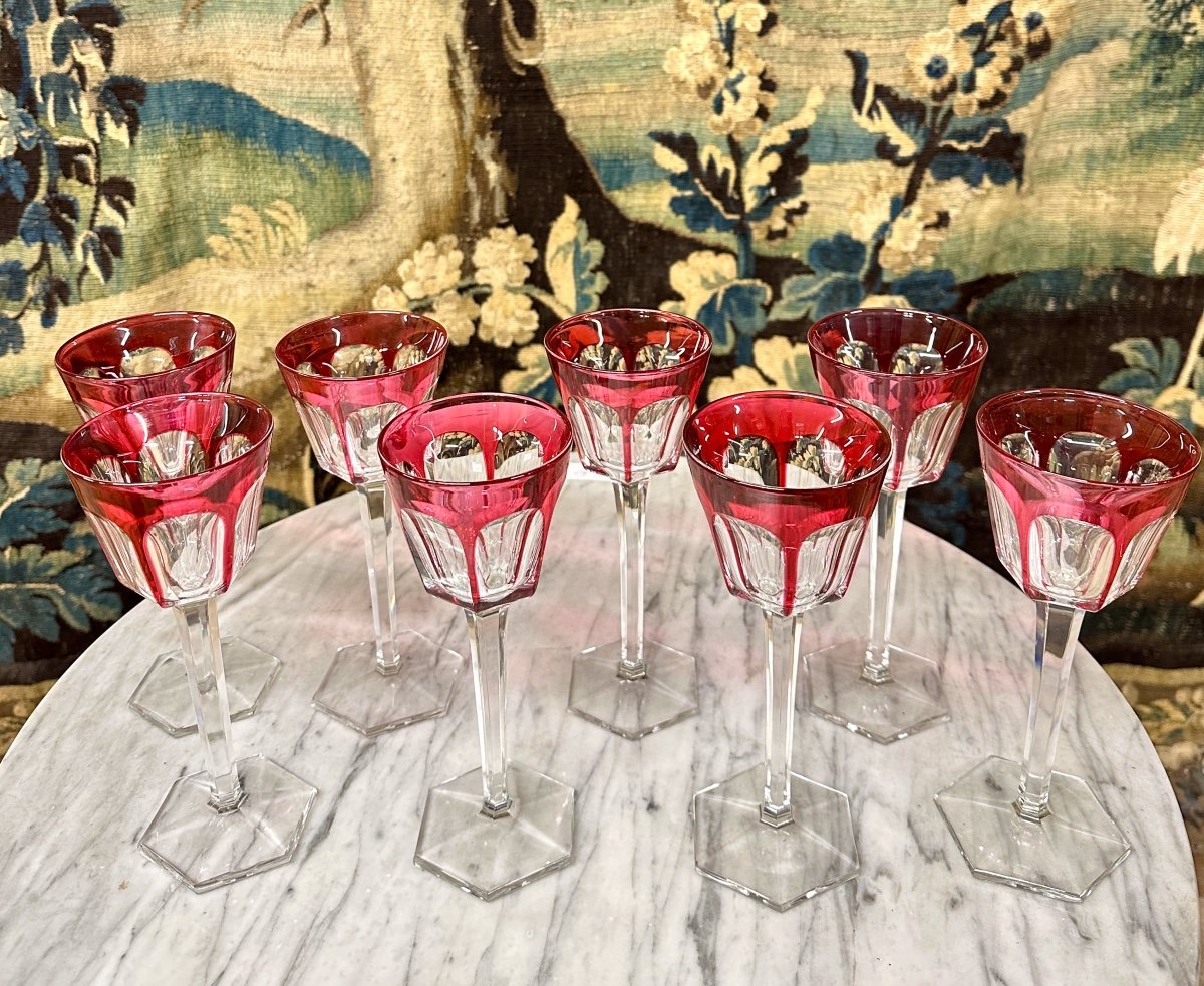 Set Of 8 Large Red Colored Glasses In Baccarat Crystal, Harcourt Model, Rhine Glass -photo-2