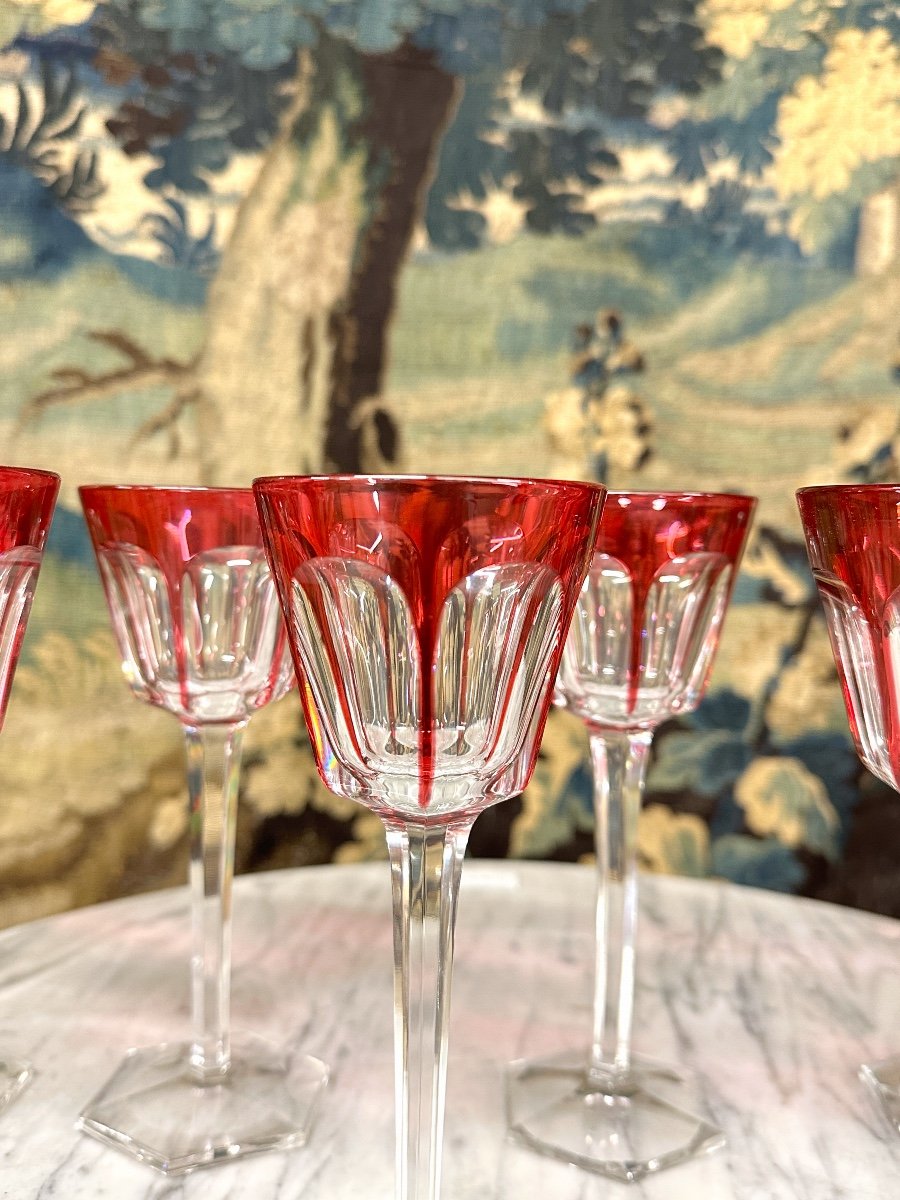 Set Of 8 Large Red Colored Glasses In Baccarat Crystal, Harcourt Model, Rhine Glass -photo-3