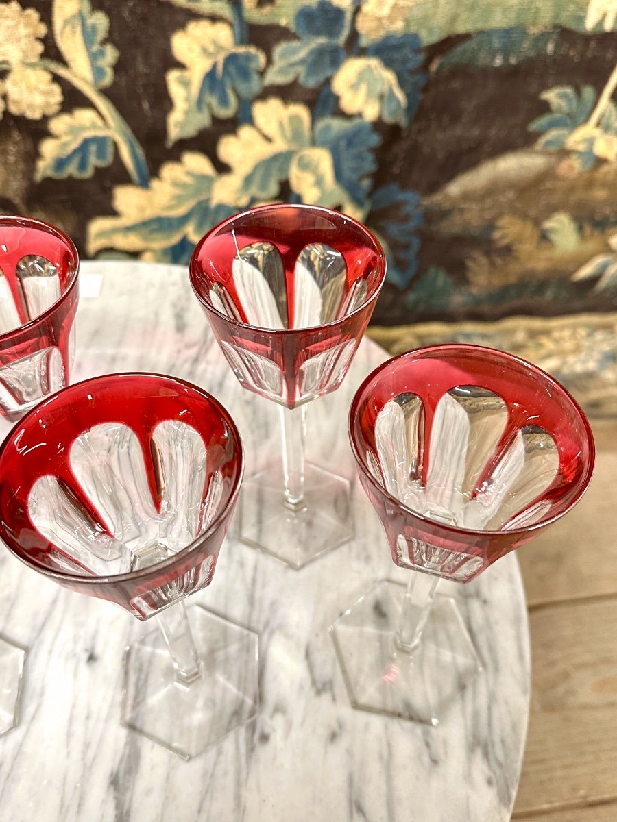 Set Of 8 Large Red Colored Glasses In Baccarat Crystal, Harcourt Model, Rhine Glass -photo-1