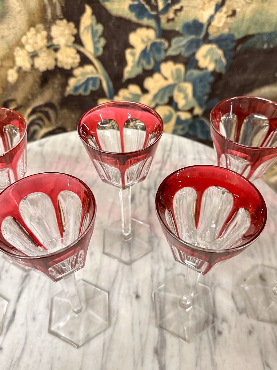 Set Of 8 Large Red Colored Glasses In Baccarat Crystal, Harcourt Model, Rhine Glass -photo-2