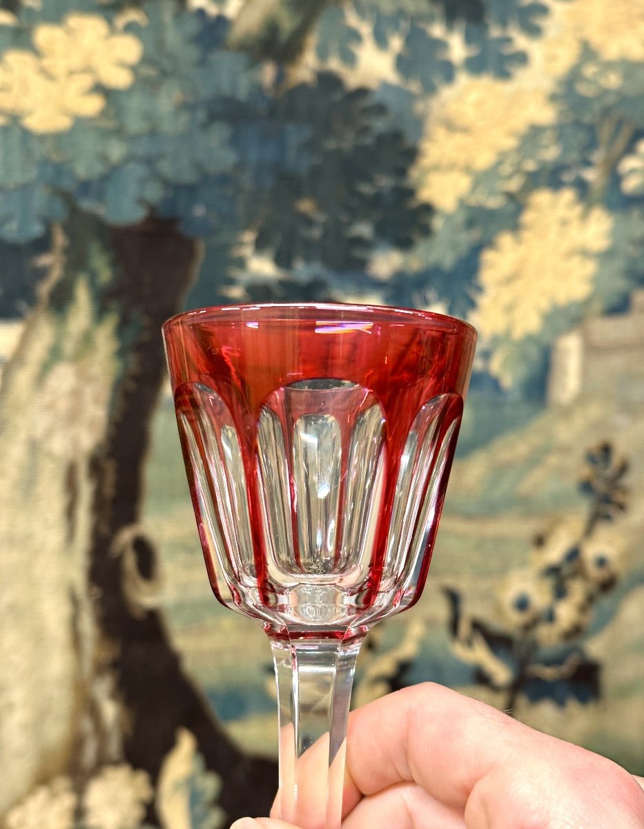 Set Of 8 Large Red Colored Glasses In Baccarat Crystal, Harcourt Model, Rhine Glass -photo-5