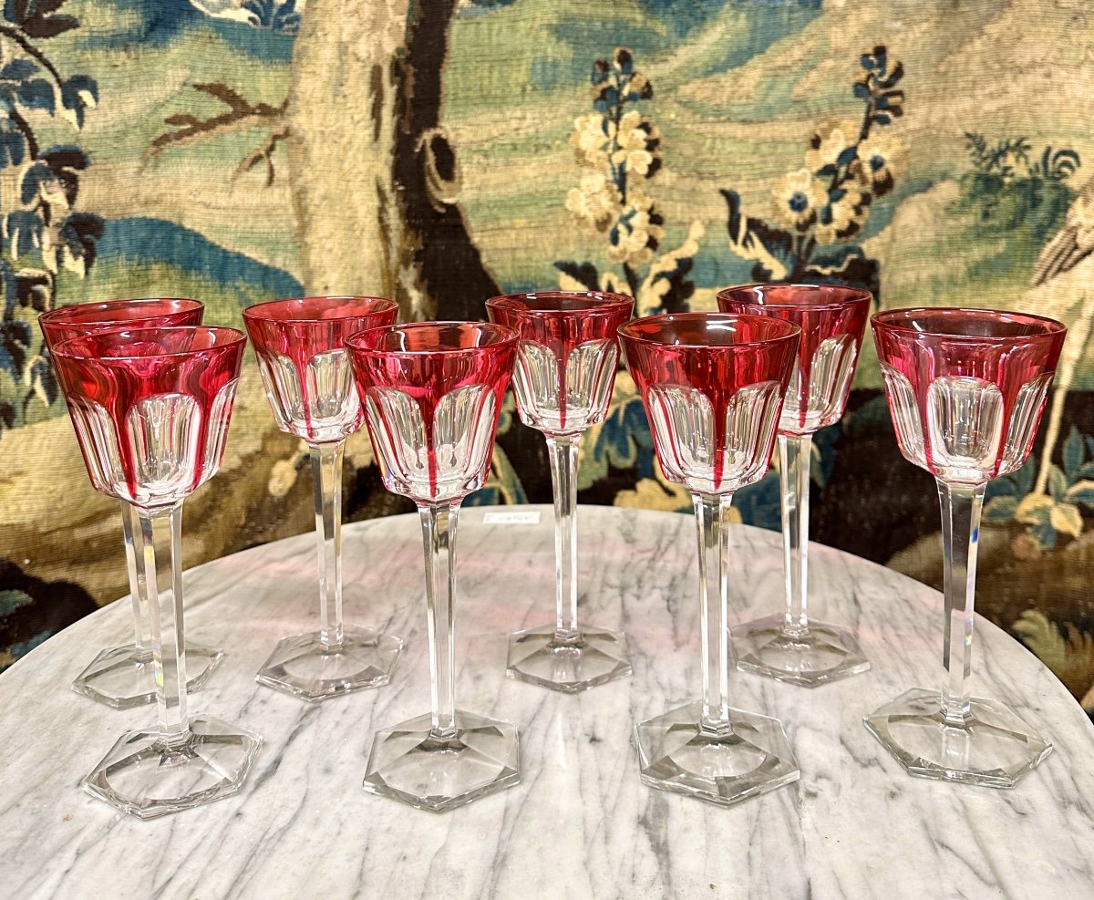 Set Of 8 Large Red Colored Glasses In Baccarat Crystal, Harcourt Model, Rhine Glass 