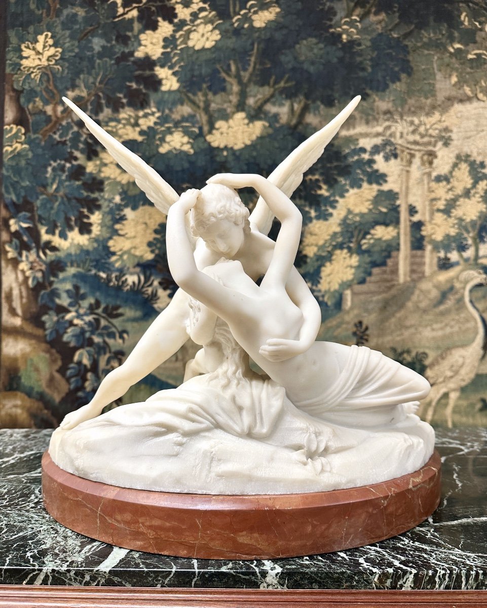 d'Après Antonio Canova, Psyché Ranimée Par Le Baiser De l'Amour, Sculpture Marbre Blanc XIXème-photo-2