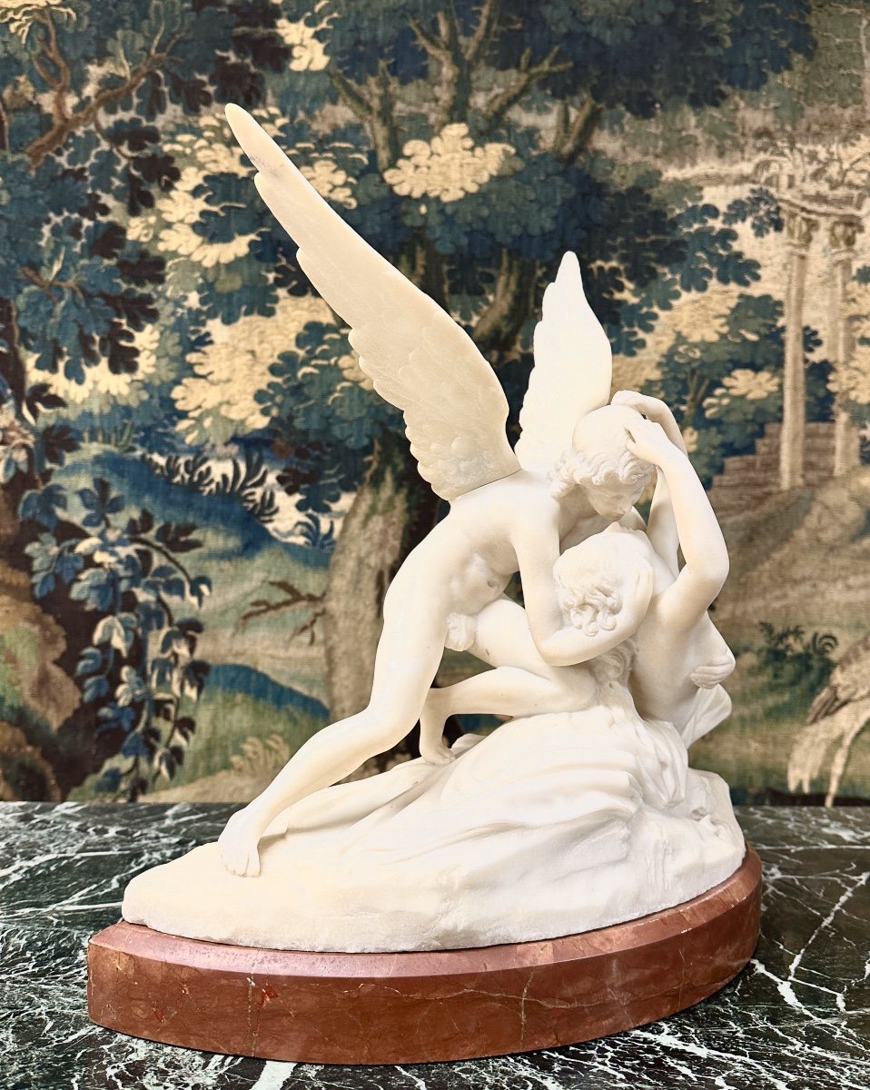 d'Après Antonio Canova, Psyché Ranimée Par Le Baiser De l'Amour, Sculpture Marbre Blanc XIXème-photo-4