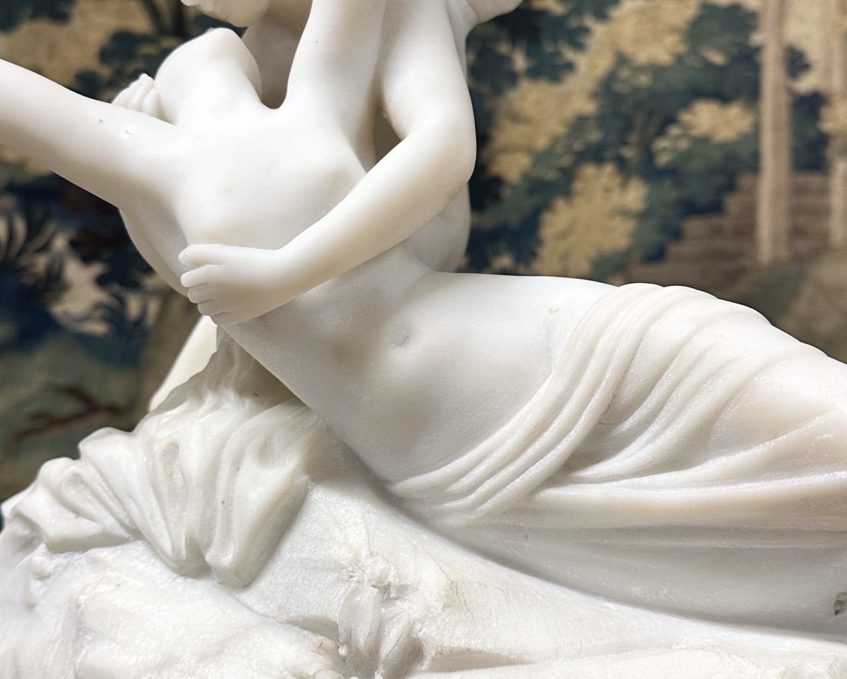 d'Après Antonio Canova, Psyché Ranimée Par Le Baiser De l'Amour, Sculpture Marbre Blanc XIXème-photo-2