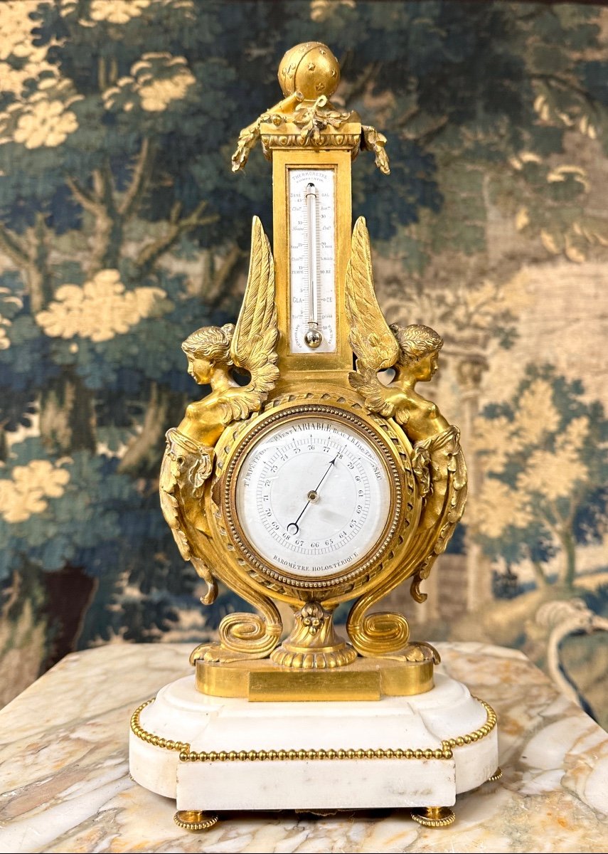 Napoleon III Period Gilt Bronze Table Thermometer Barometer-photo-4