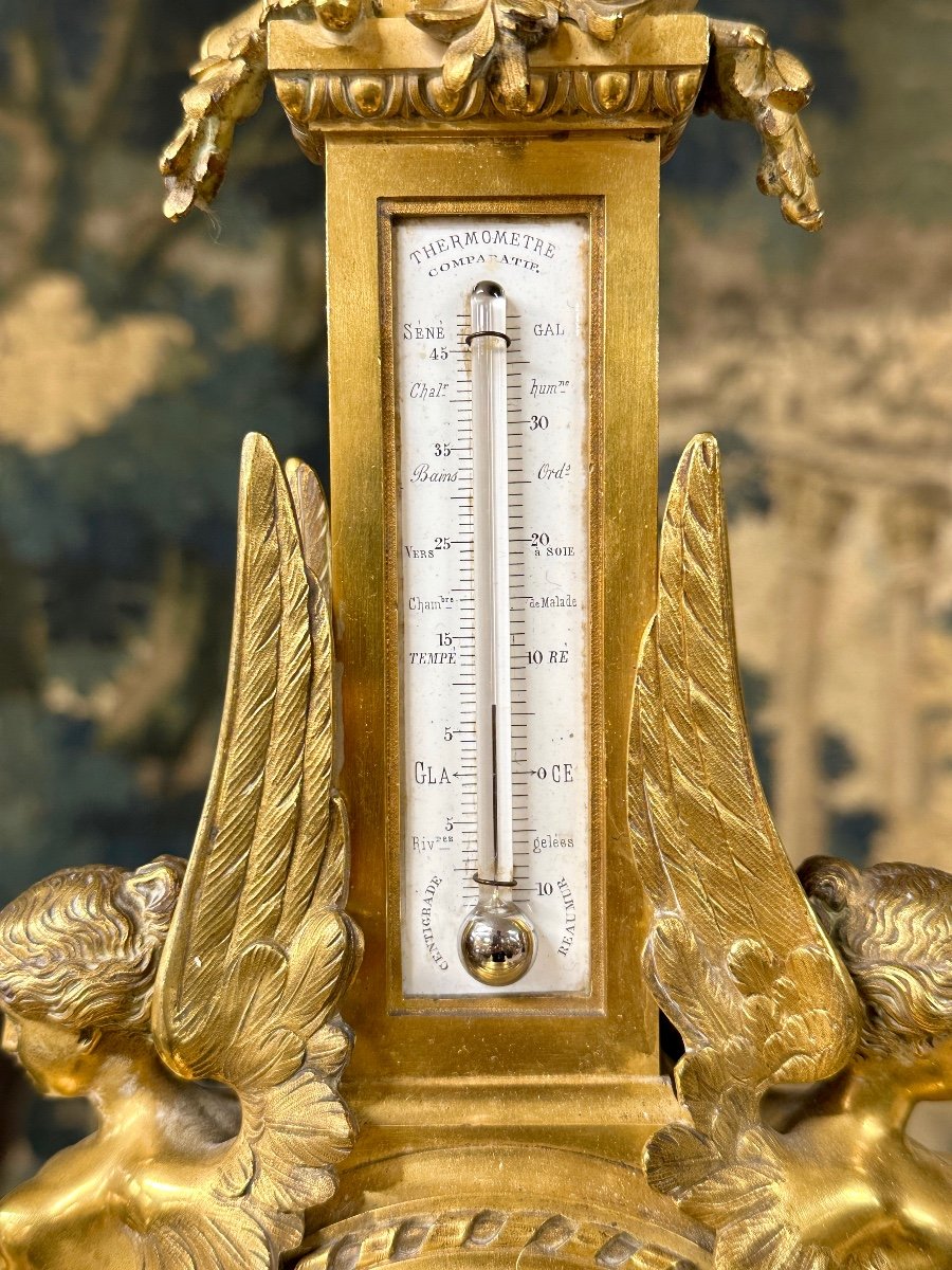 Napoleon III Period Gilt Bronze Table Thermometer Barometer-photo-1