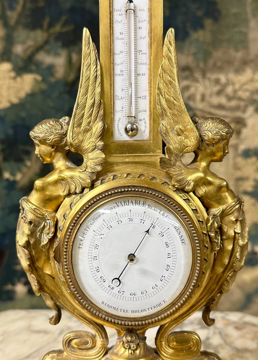 Napoleon III Period Gilt Bronze Table Thermometer Barometer-photo-7