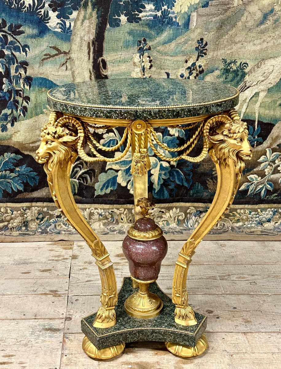 Gilt Bronze, Marble And Porphyry Rams Pedestal Table In Louis XVI Style. Early 20th Century-photo-2