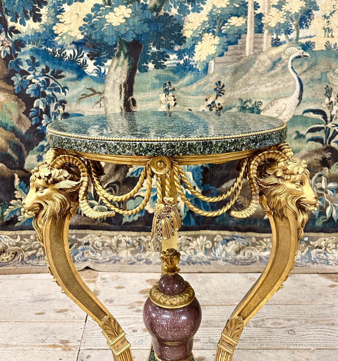 Gilt Bronze, Marble And Porphyry Rams Pedestal Table In Louis XVI Style. Early 20th Century-photo-3