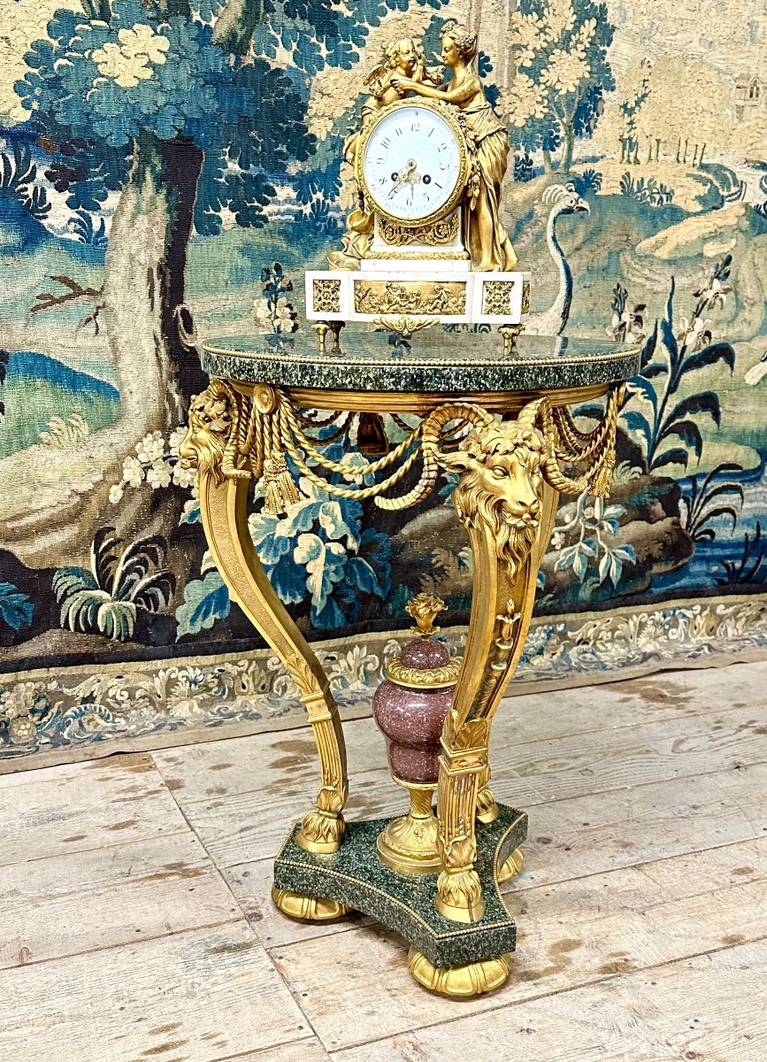 Gilt Bronze, Marble And Porphyry Rams Pedestal Table In Louis XVI Style. Early 20th Century-photo-4