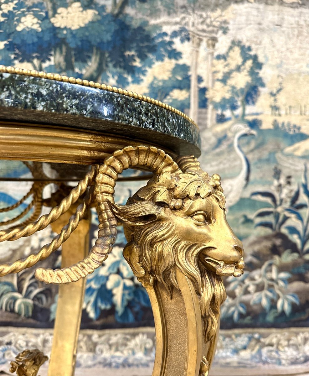 Gilt Bronze, Marble And Porphyry Rams Pedestal Table In Louis XVI Style. Early 20th Century-photo-3