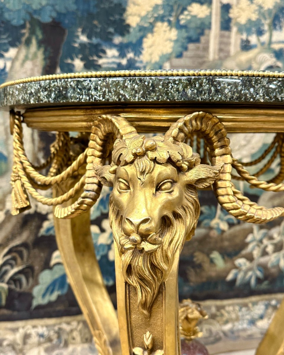 Gilt Bronze, Marble And Porphyry Rams Pedestal Table In Louis XVI Style. Early 20th Century-photo-4