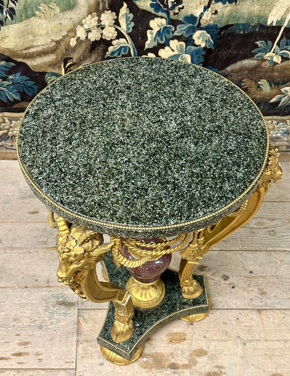 Gilt Bronze, Marble And Porphyry Rams Pedestal Table In Louis XVI Style. Early 20th Century-photo-5