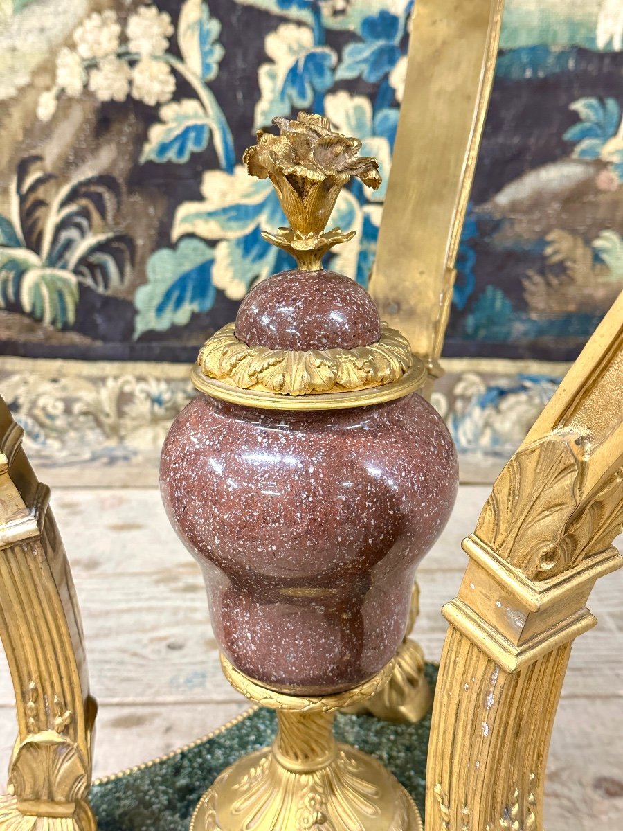 Gilt Bronze, Marble And Porphyry Rams Pedestal Table In Louis XVI Style. Early 20th Century-photo-6