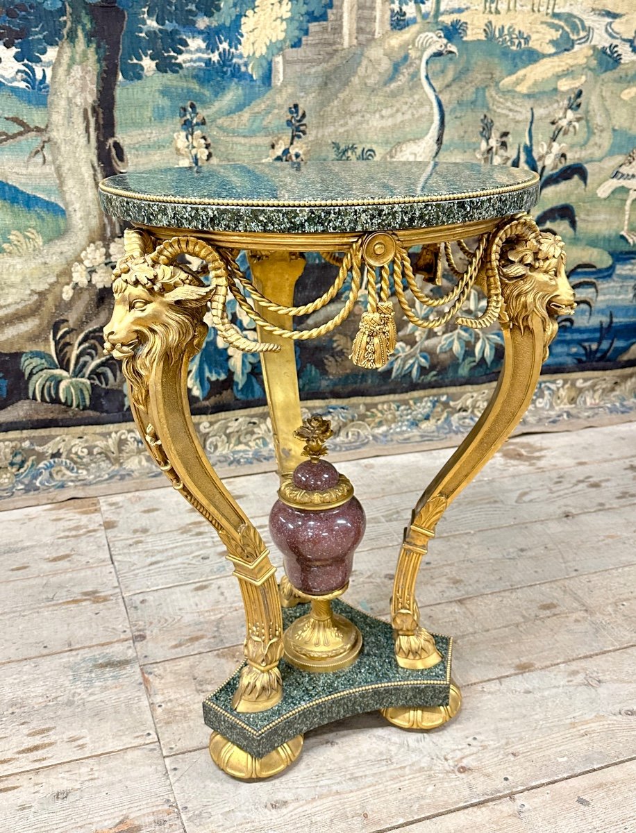 Gilt Bronze, Marble And Porphyry Rams Pedestal Table In Louis XVI Style. Early 20th Century