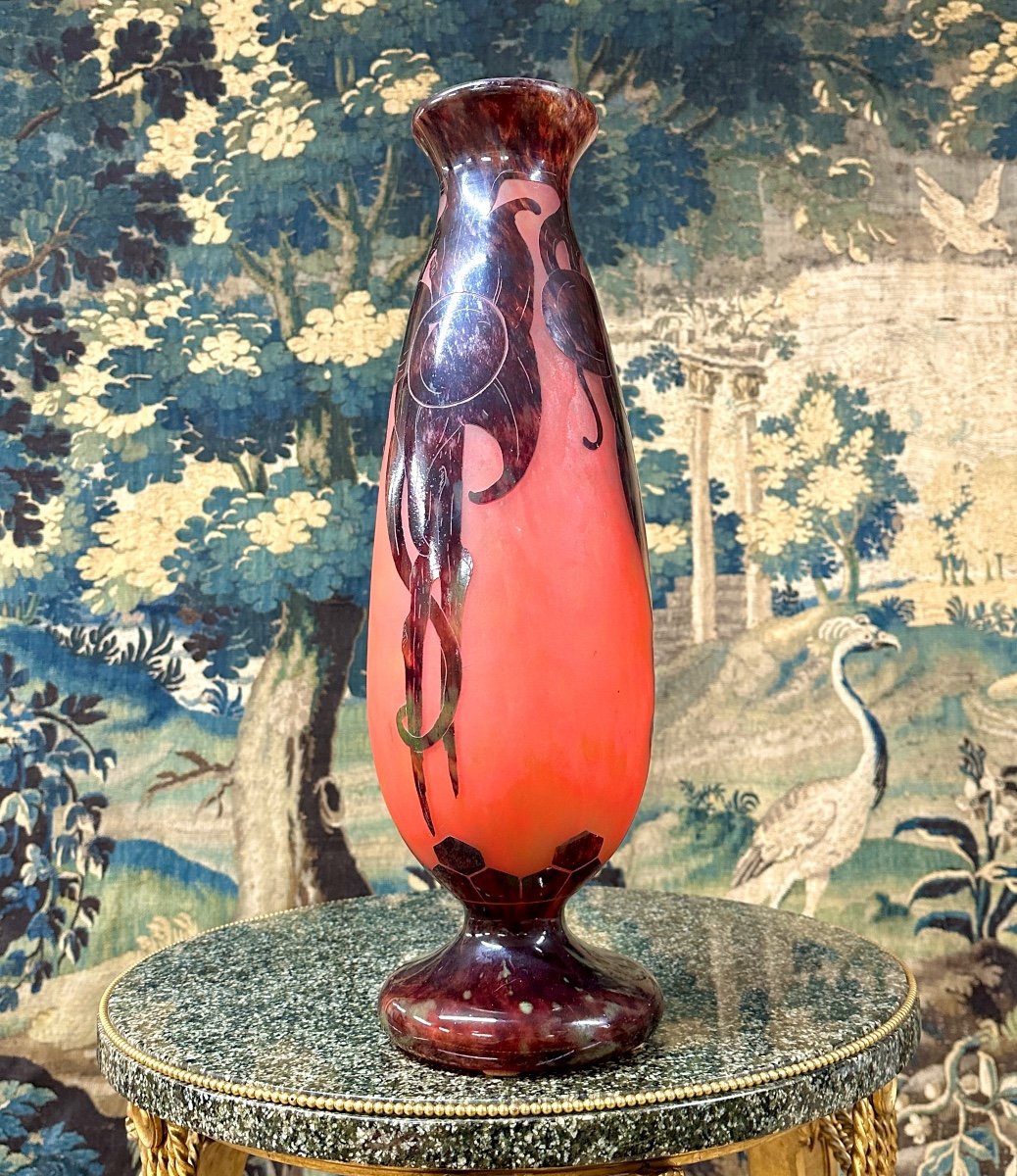 Charles Schneider For French Glass, Plum Model Vase, Art Deco Glass Paste-photo-3